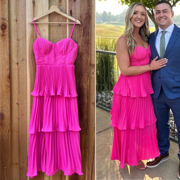 Hot Pink Bustier Pleated Tiered Chiffon Midi Dress 🌿 - Picture 1 of 12